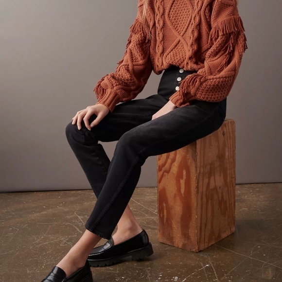 New! AMO Anthropologie Slim Dock High Rise Straight Button Fly Ankle Black Jeans - Picture 2 of 15